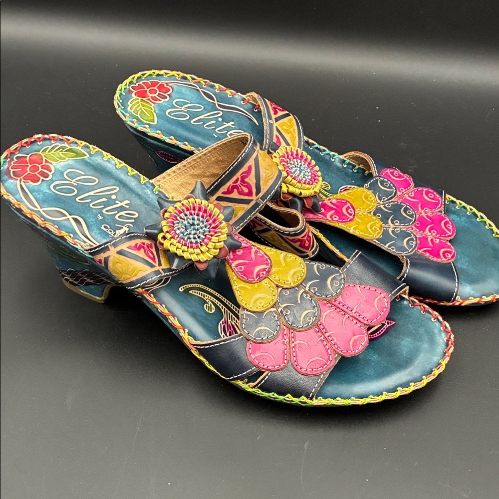 Elite by Corky’s Multi-Color Floral Embellished Slide Heels for Women Size 9